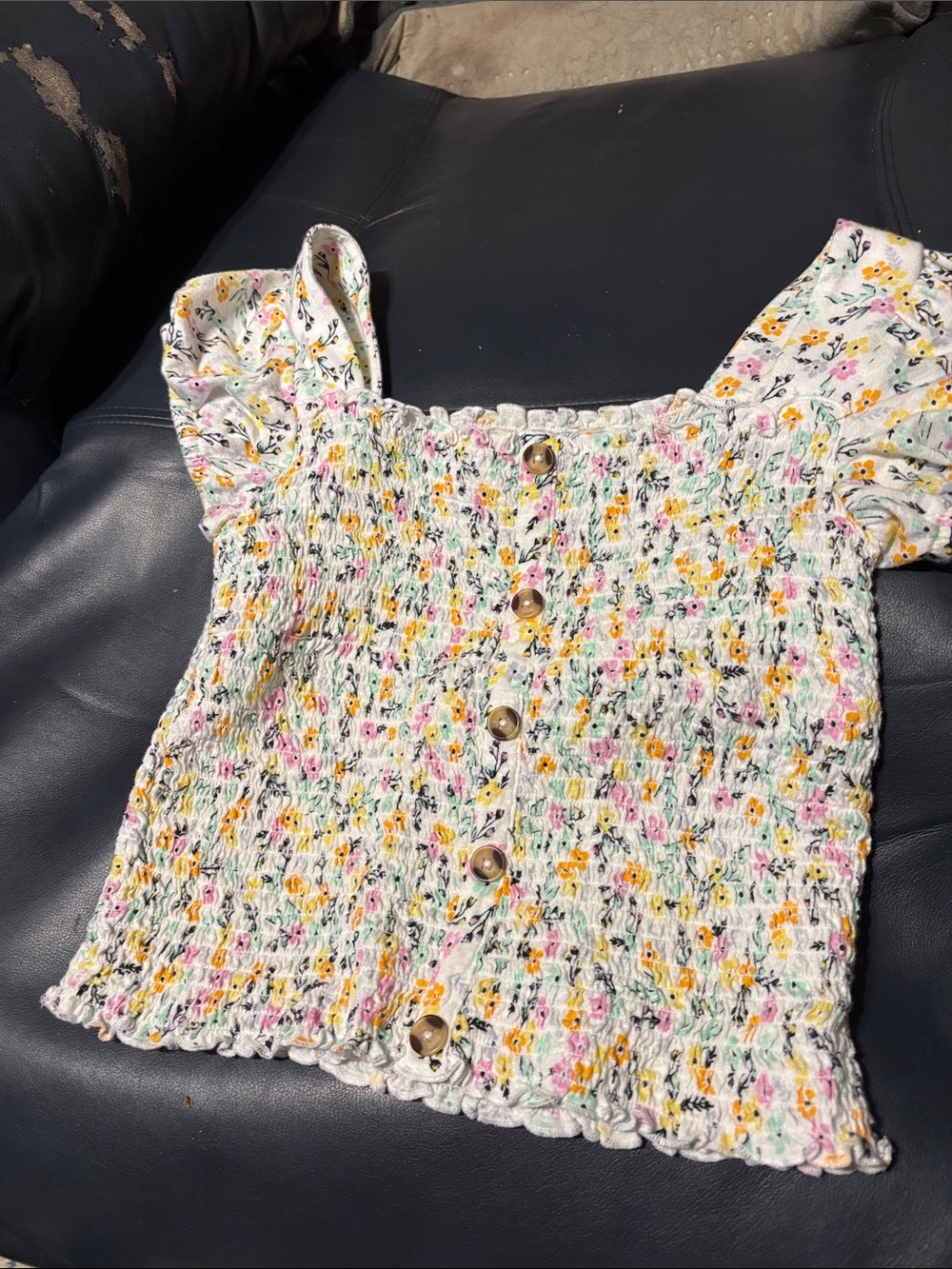 Mudd White Floral Smocked Button Crop Top with Puff Sleeves